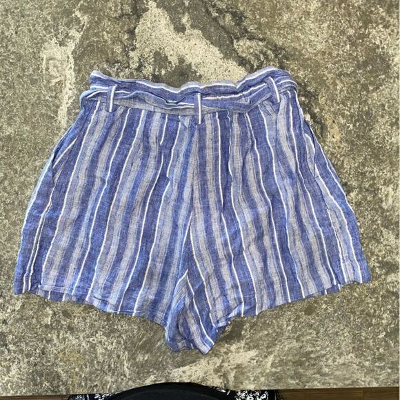 Womens Linen Blend Striped High Rise Tie Waist Casual Shorts Blue White Size 6 - Picture 7 of 7